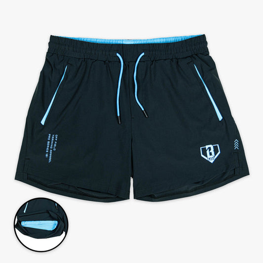 Black and light blue Pro Series with Liner youth shorts — front view