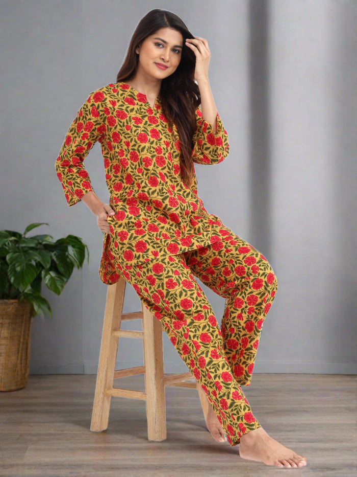 Yellow and Pink Pure Cotton Pajama Sets For Women