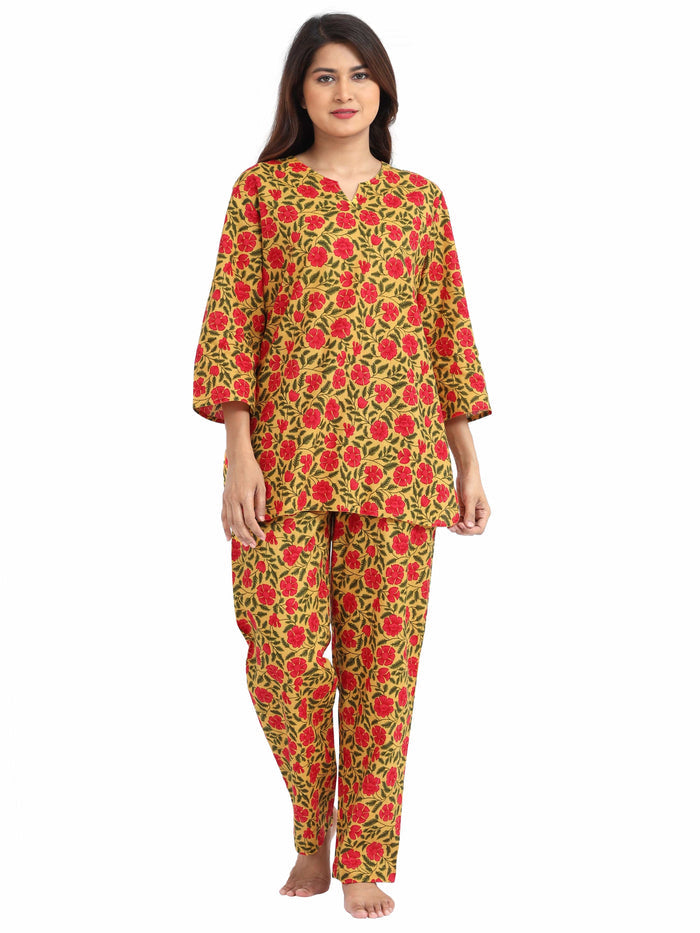 Yellow and Pink Pure Cotton Pajama Sets For Women