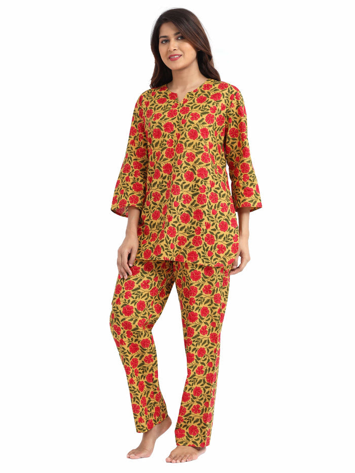 Yellow and Pink Pure Cotton Pajama Sets For Women