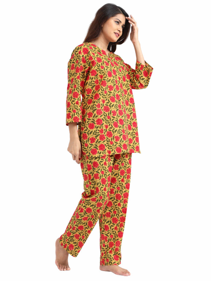 Yellow and Pink Pure Cotton Pajama Sets For Women
