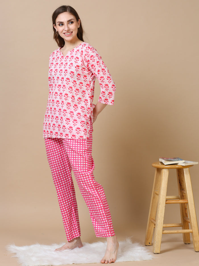 Trendy Pink Floral Night Suit Sets For Women