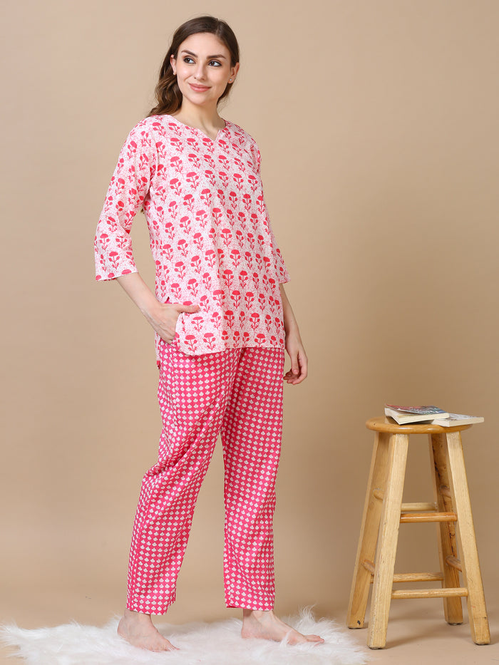 Trendy Pink Floral Night Suit Sets For Women