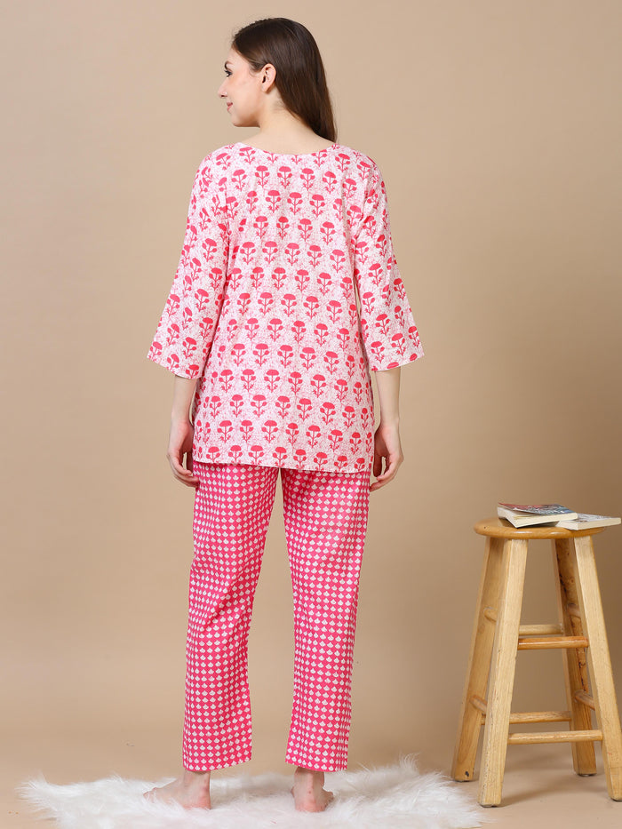 Trendy Pink Floral Night Suit Sets For Women
