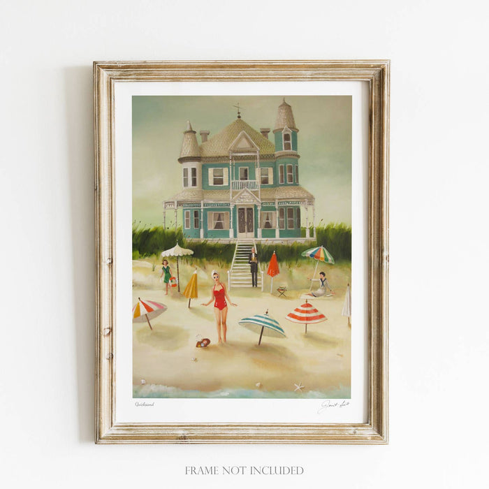 Artwork by Janet Hill depicting a beach scene with a large house in the background and a woman in a red swimsuit in the foreground.