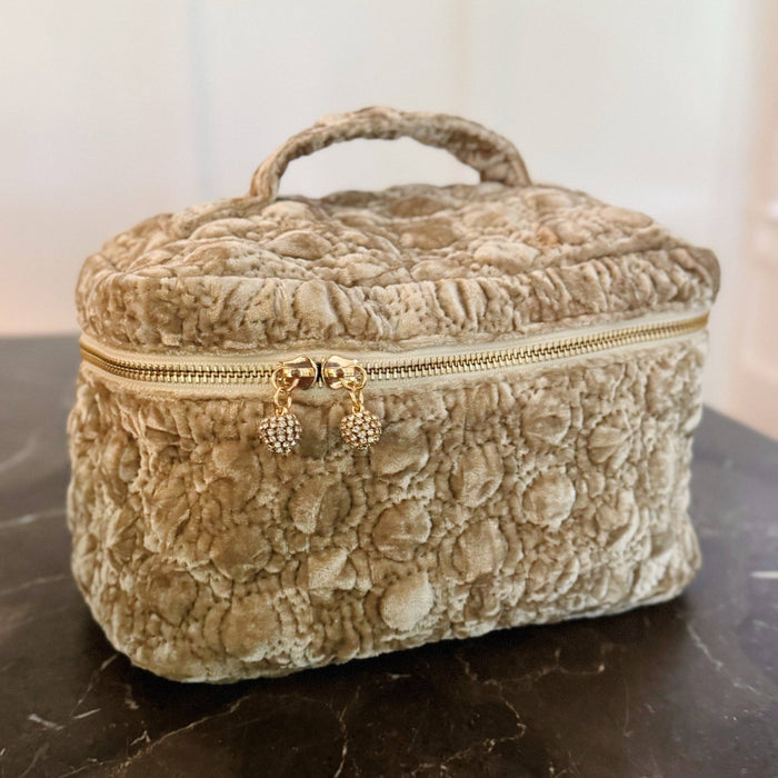 Ellison+Young quilted velvet vanity case with zipper closure, featuring a soft, plush fabric in a compact, stylish design.