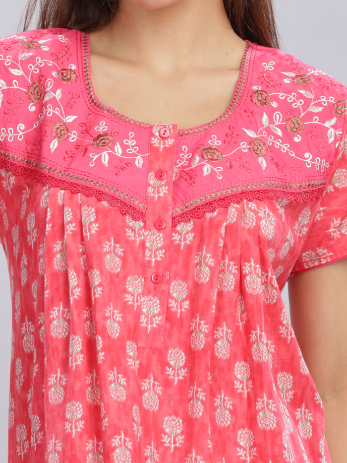 Embroidery Floral Rani Pink Pure Cotton Nighty