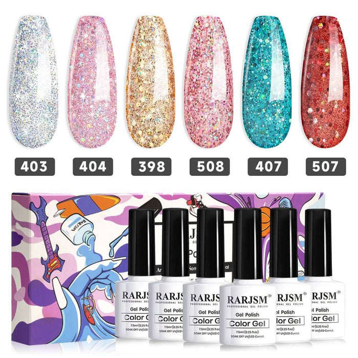RARJSM ® 6 Colors Diamond Sparkly Glitter Gel Nail Polish Set | 6pcs 7.5ml