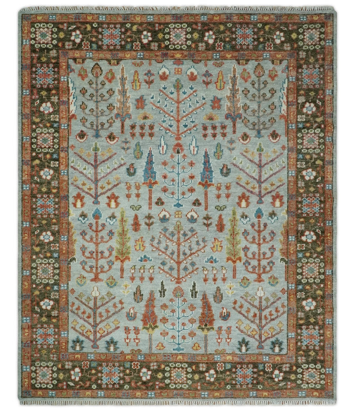 Ready to Ship Tree of Life Hand Knotted Silver, Brown and Rust Traditional Oushak Wool Rug