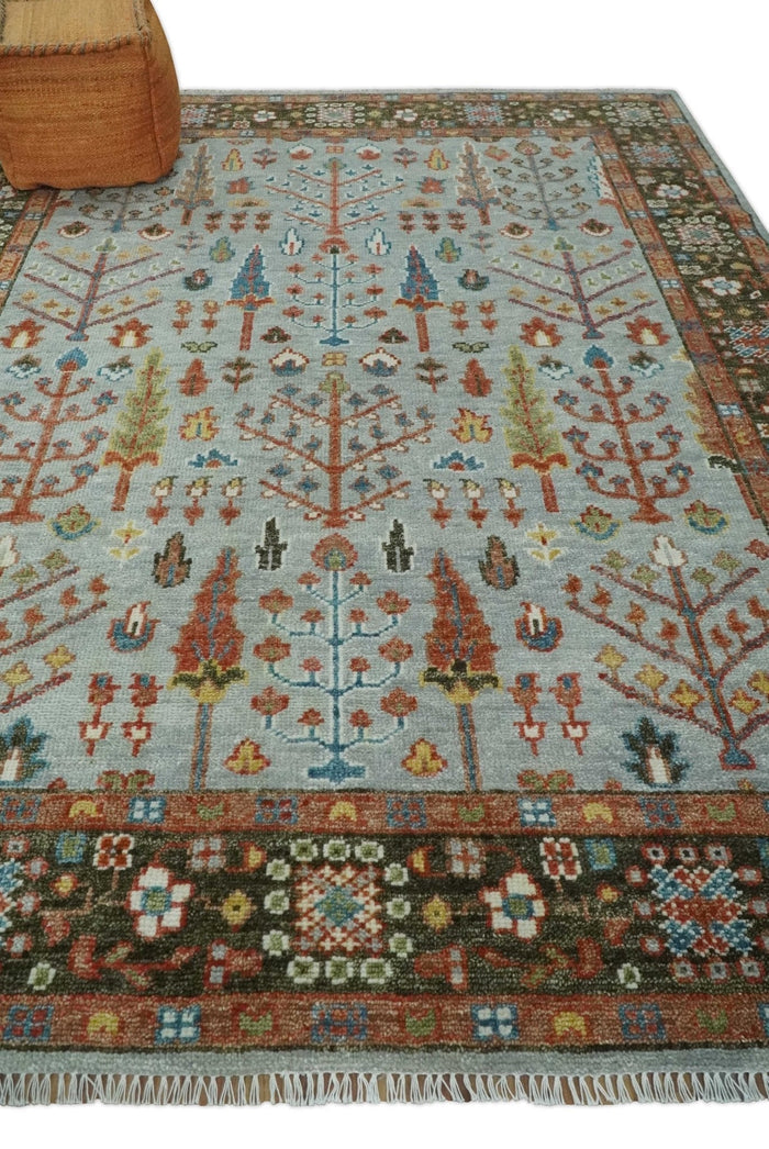 Ready to Ship Tree of Life Hand Knotted Silver, Brown and Rust Traditional Oushak Wool Rug