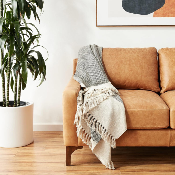 Recycled Cotton Blend Knit throw with Fringe - Grey