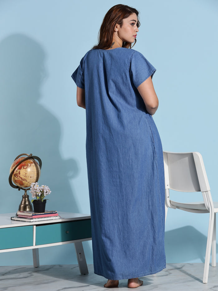 Paisley Embroidery Design Light Denim Nighty For Women