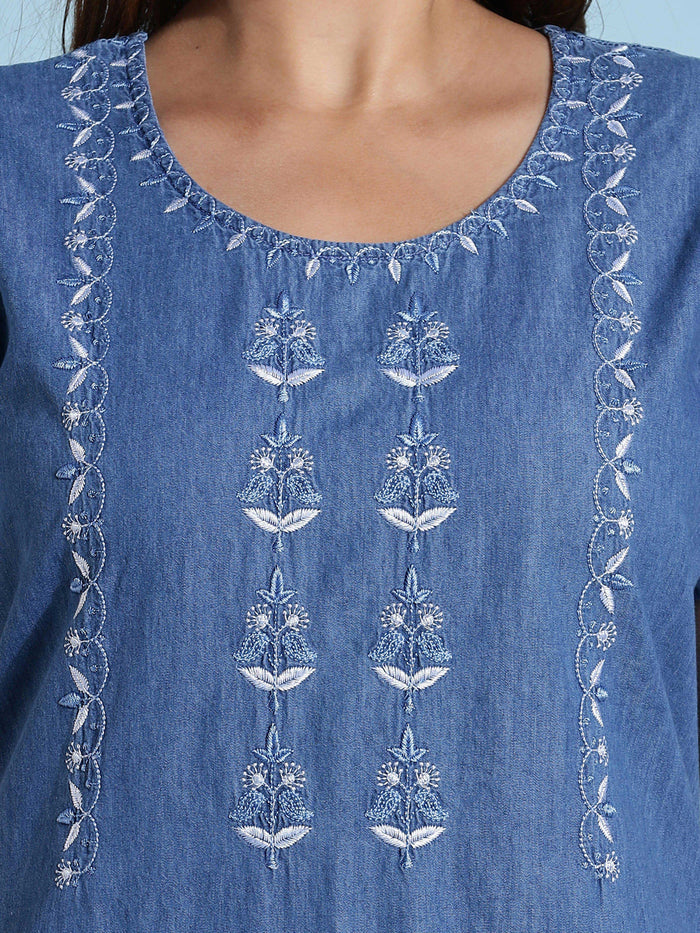 Paisley Embroidery Design Light Denim Nighty For Women