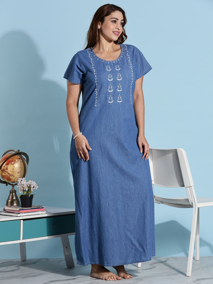 Paisley Embroidery Design Light Denim Nighty For Women