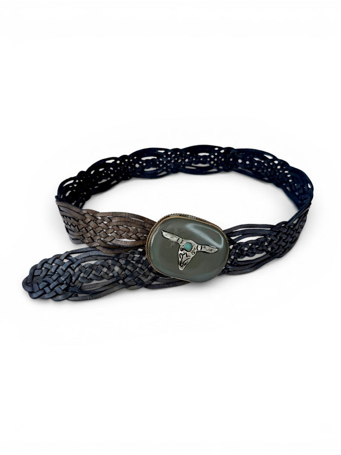 Retro Brown Braided Leather Belt with Grey Decorative Buckle