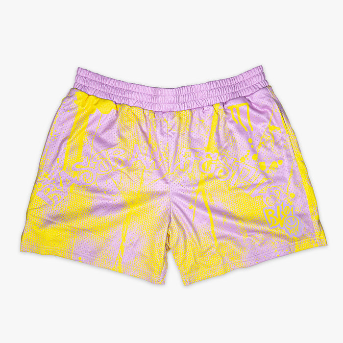 Pink and yellow Retro Graffiti youth shorts — front view