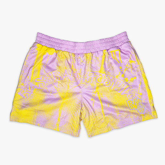 Pink and yellow Retro Graffiti youth shorts — front view