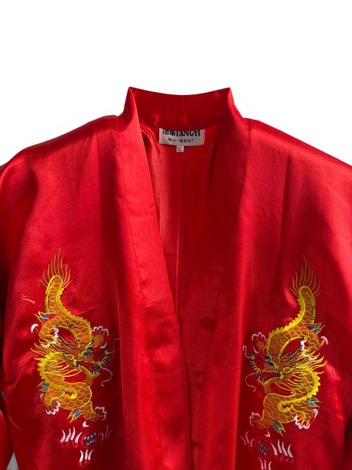 Retro Red Oriental Kimono with Embroidered Dragon