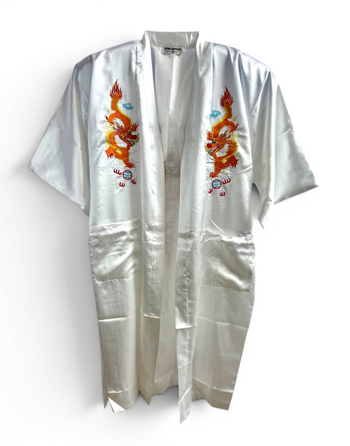 Retro White Oriental Kimono with Embroidered Dragon