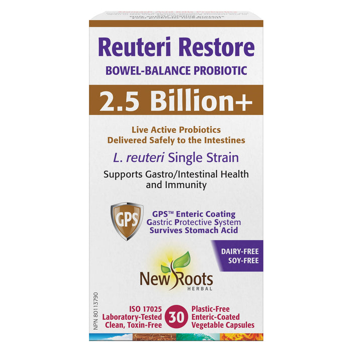 Bottle of New Roots Reuteri Restore 2.5 Billion 30 Vegetable Capsules