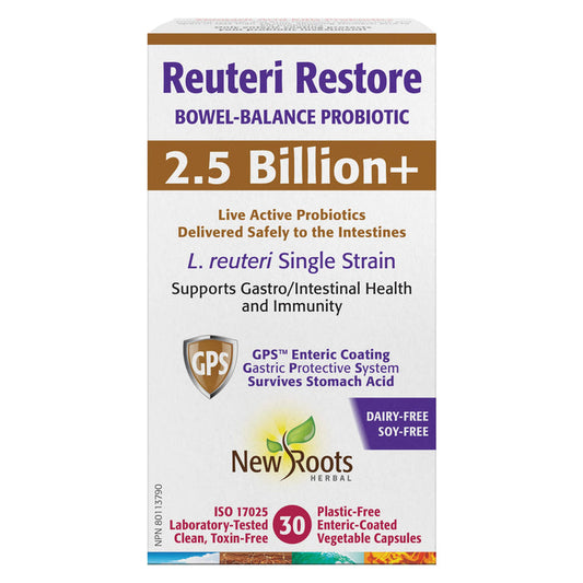 Bottle of New Roots Reuteri Restore 2.5 Billion 30 Vegetable Capsules