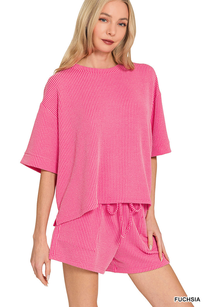 Ribbed Shorts Set-Pink