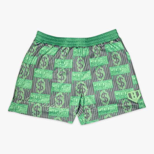 Green and gray shorts with dollar bill pattern on a white background