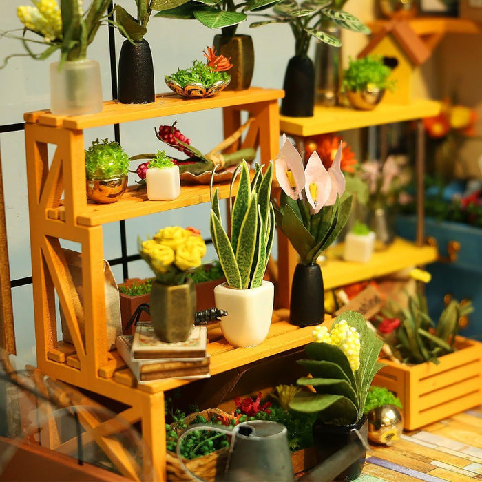 Wooden plant stand with various potted plants in a home setting 1.24 scale miniature size