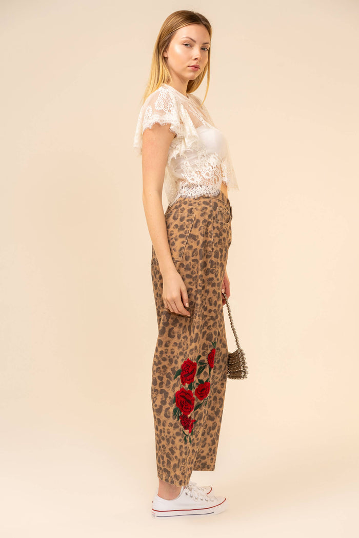 Rose Leopard Barrel Pants