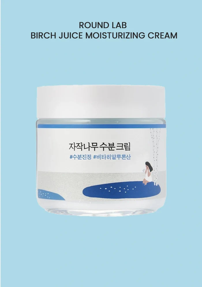 Round Lab Birch Juice Moisturizing Cream jar on a light blue background