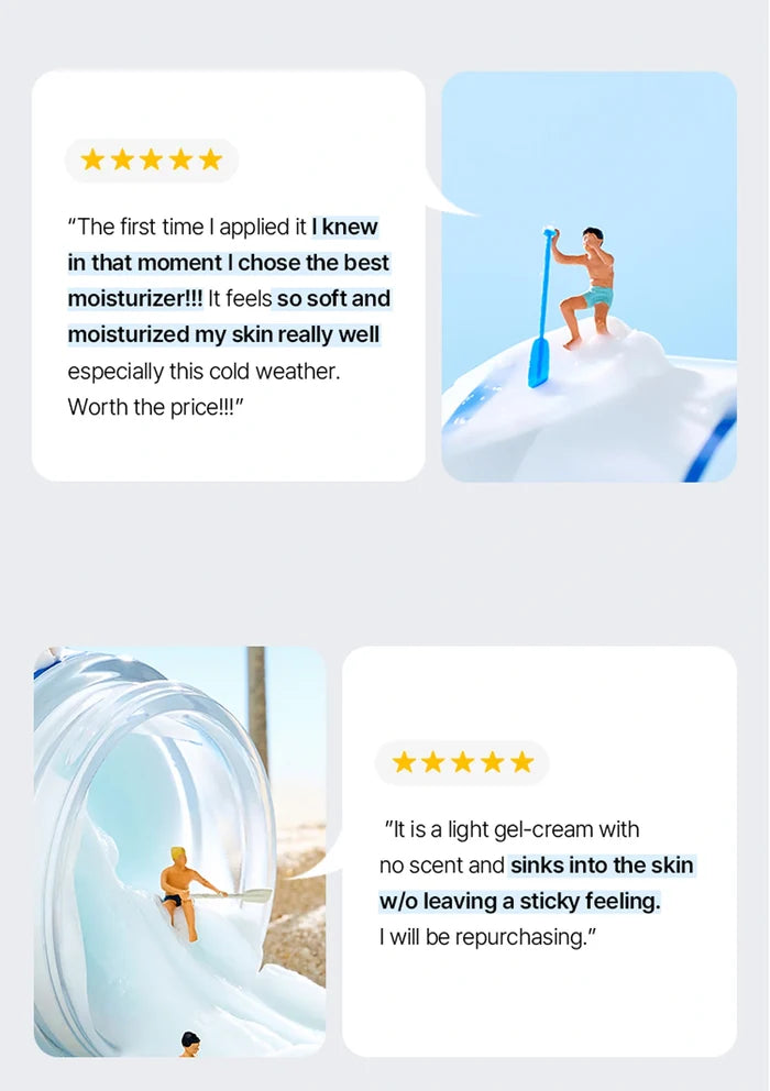 Product review cards with text and images of a person using a product on a beach.