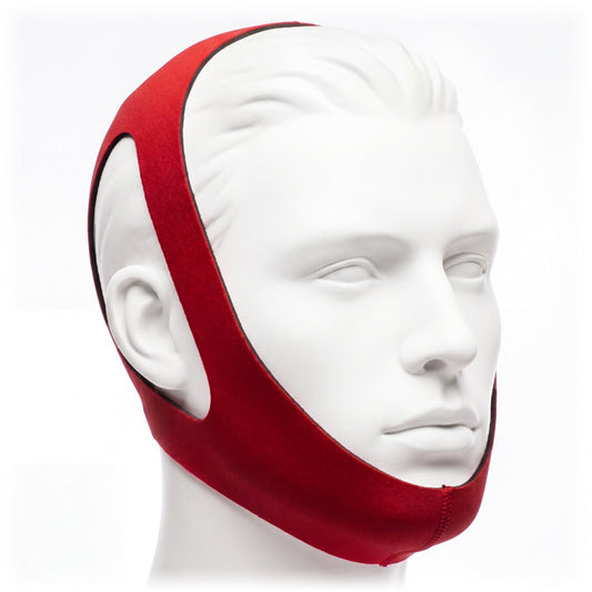Red Chinstrap on a white mannequin head with a plain background
