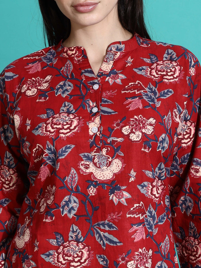 Ruby Red Printed Cotton Pajama Set for Women