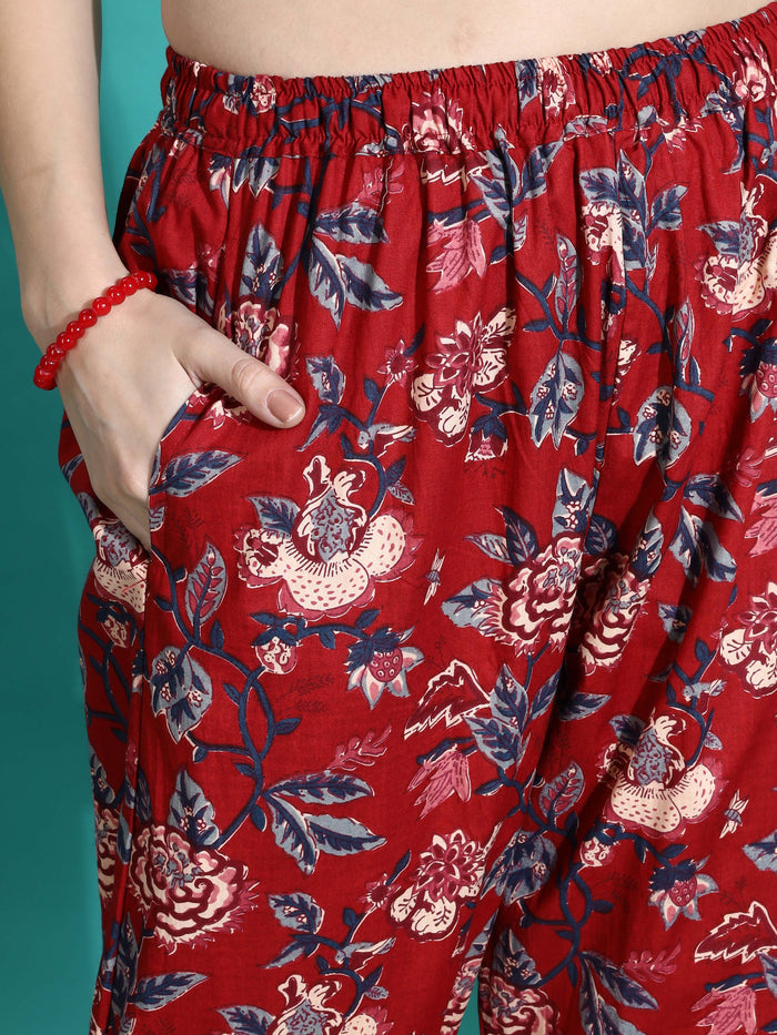 Ruby Red Printed Cotton Pajama Set for Women