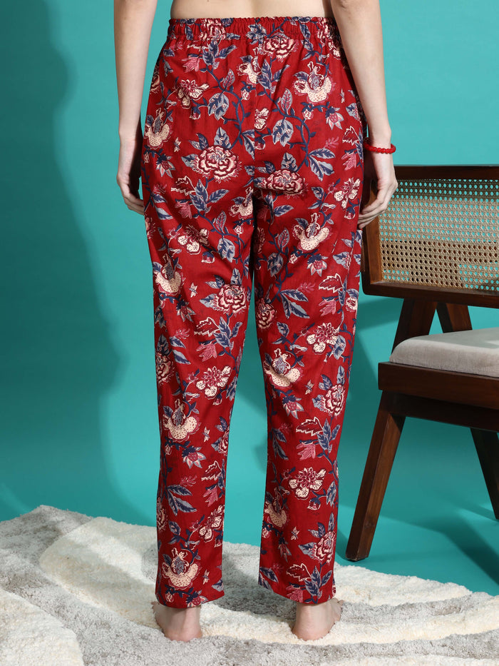 Ruby Red Printed Cotton Pajama Set for Women