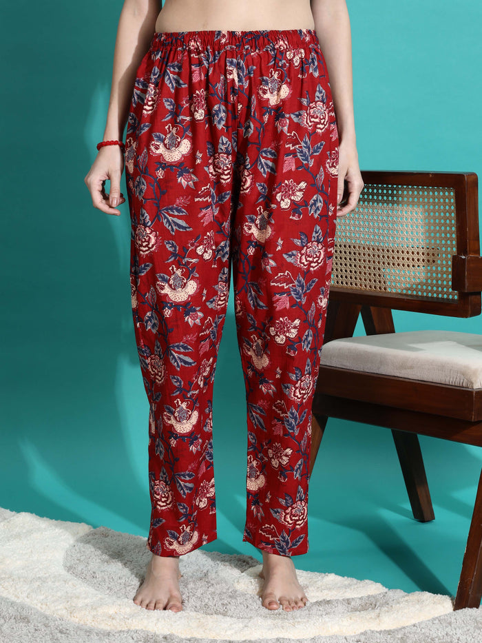 Ruby Red Printed Cotton Pajama Set for Women