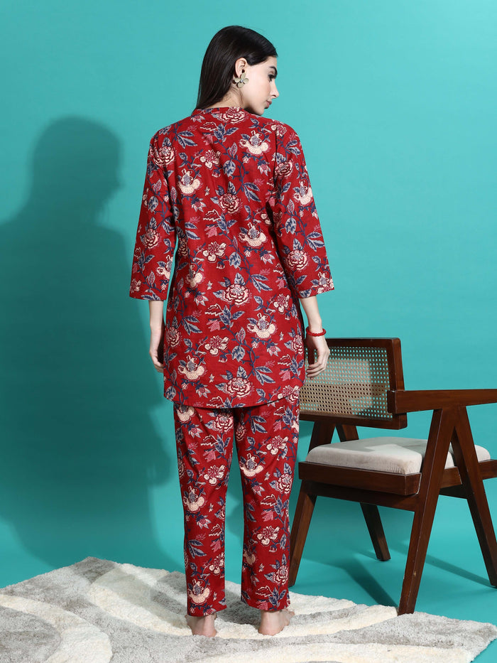 Ruby Red Printed Cotton Pajama Set for Women
