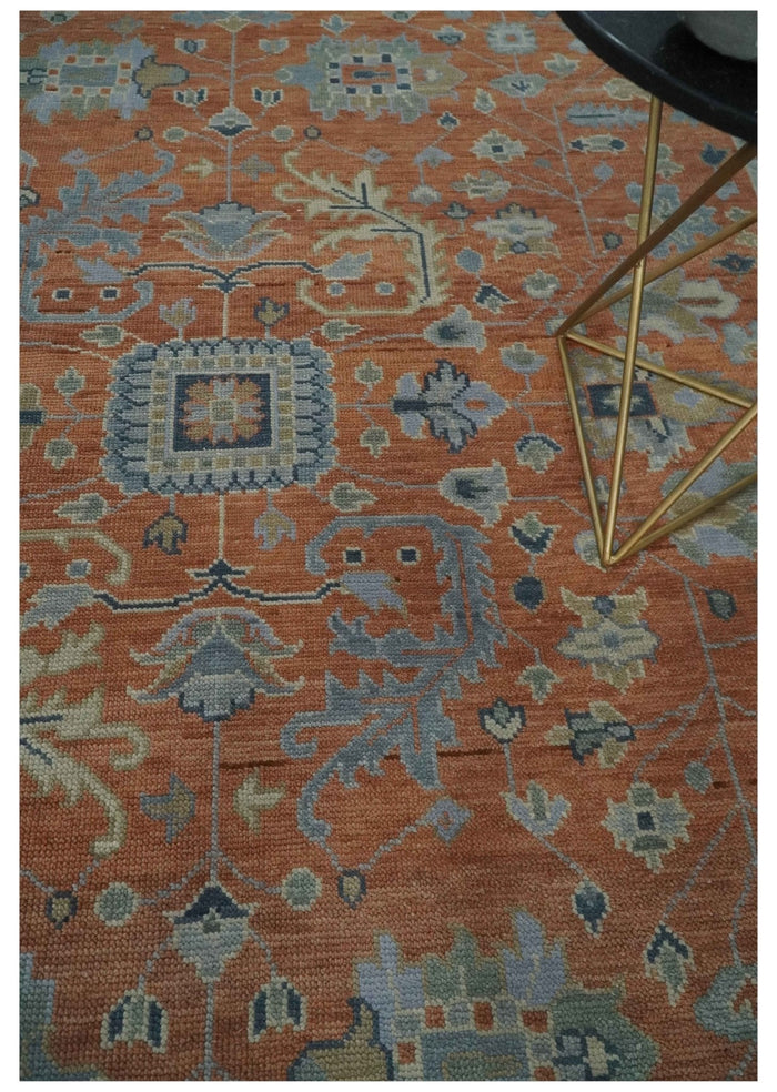 Rust, Blue and Silver Hand Knotted Traditional Multi Size Oushak Wool Area Rug