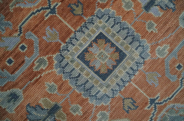 Rust, Blue and Silver Hand Knotted Traditional Multi Size Oushak Wool Area Rug
