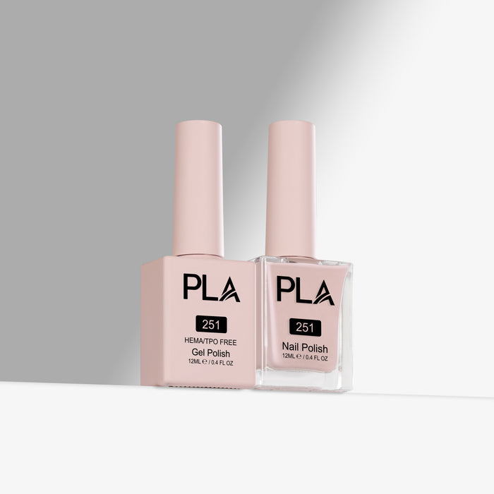 Two bottles of PLA nail polish on a gray background