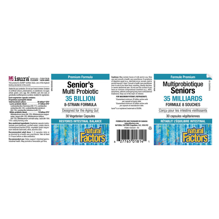 Natural Factors Senior's Multi Probiotic 35 Billion Live  Probiotic Cultures Label