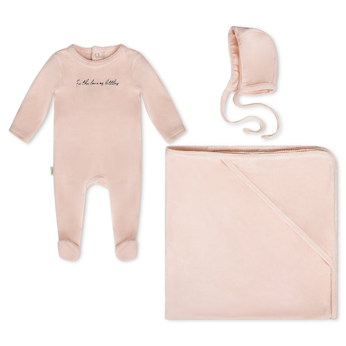 set footie velour scribble footie with bonnet and blanket  - baby pink