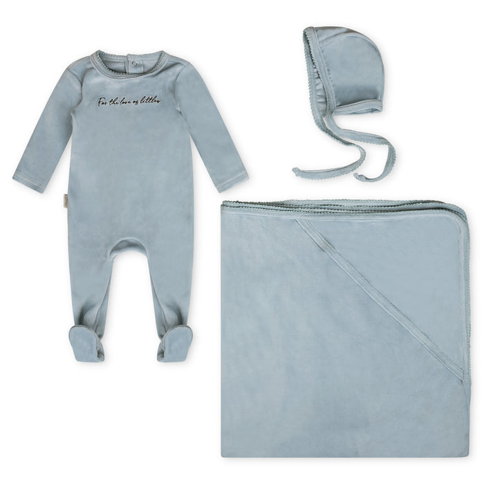 set footie velour scribble footie with bonnet and blanket  - dusty blue