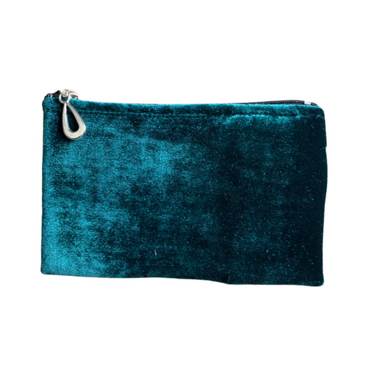 Small silk velvet pouch in teal with zip top and teardrop zipper pull.
