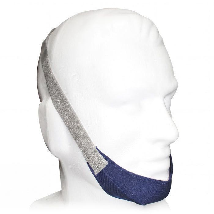 Mannequin head wearing a blue and gray chinstrap on a white background