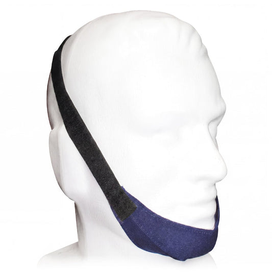 Mannequin head wearing a blue and black chinstrap on a white background