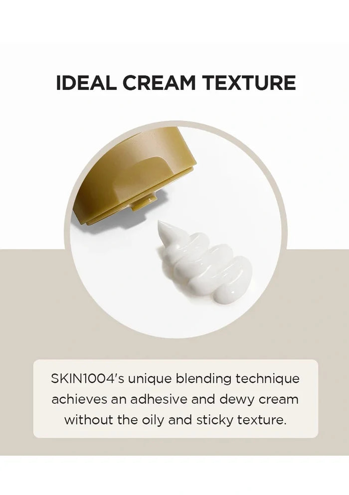Cream texture with a close-up of a cosmetic product and text about unique blending technique.