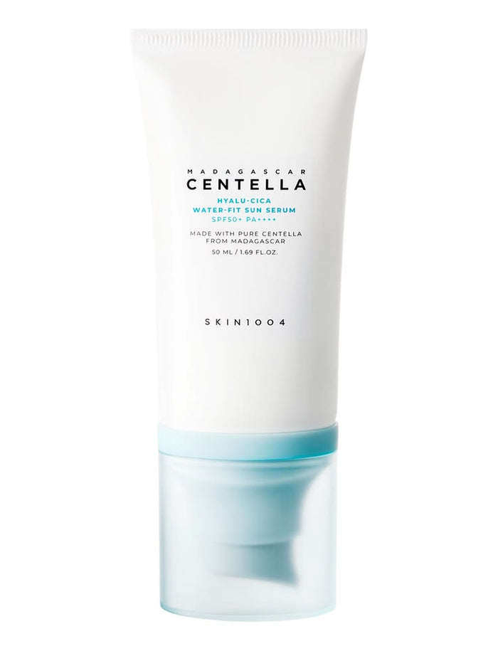Skintoo Madagascar Centella water-fit sun serum tube on a white background