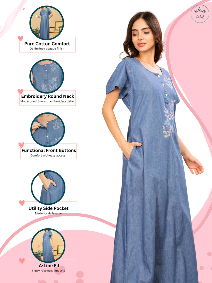 Sky Blue Cotton Embroidered Maxi Nighty | Comfort & Style Combined