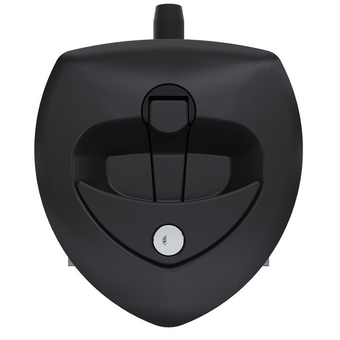 Southco N5-A0110A-A5 key-locking lift and turn compression latch with black plastic cup and black folding T-handle, front view